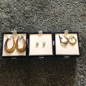 Gold Over Silver 3 Pair Earring Set 2 Hoops 1 Stud